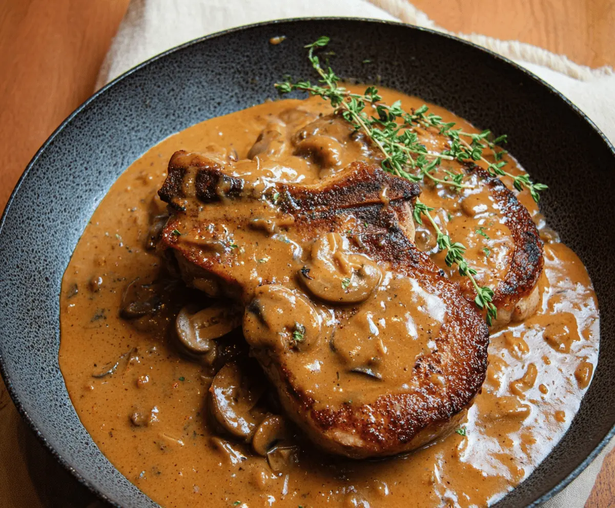 Savory pork chop with rich gravy served on a plate, garnished with fresh herbs for a delicious meal