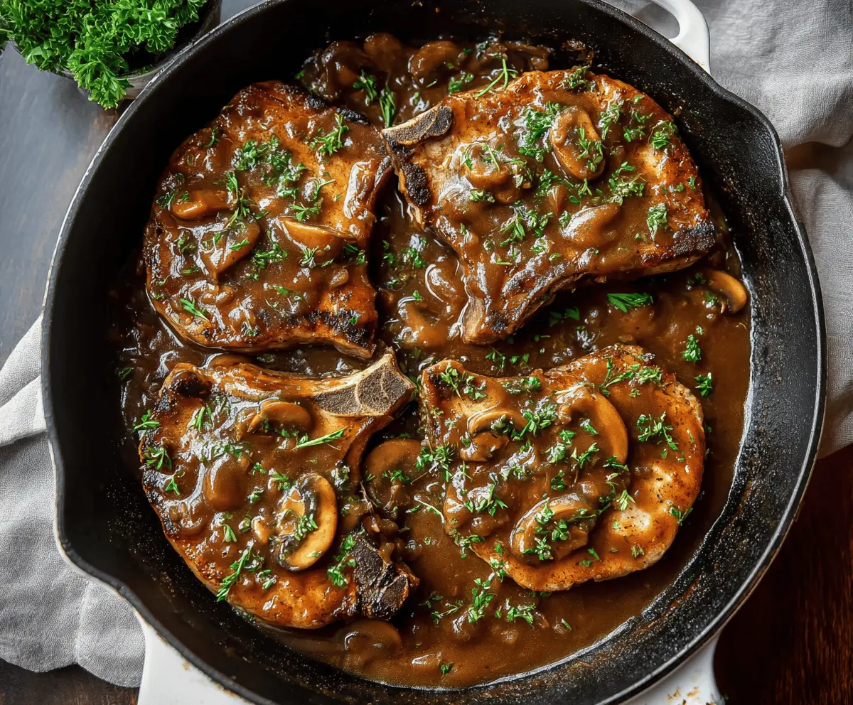Juicy pork chops topped with rich brown gravy served on a plate, perfect for a hearty meal