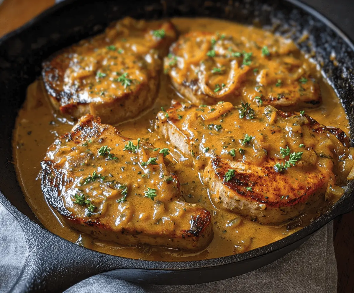 Delicious pork chops topped with savory onion gravy served on a plate with fresh vegetables