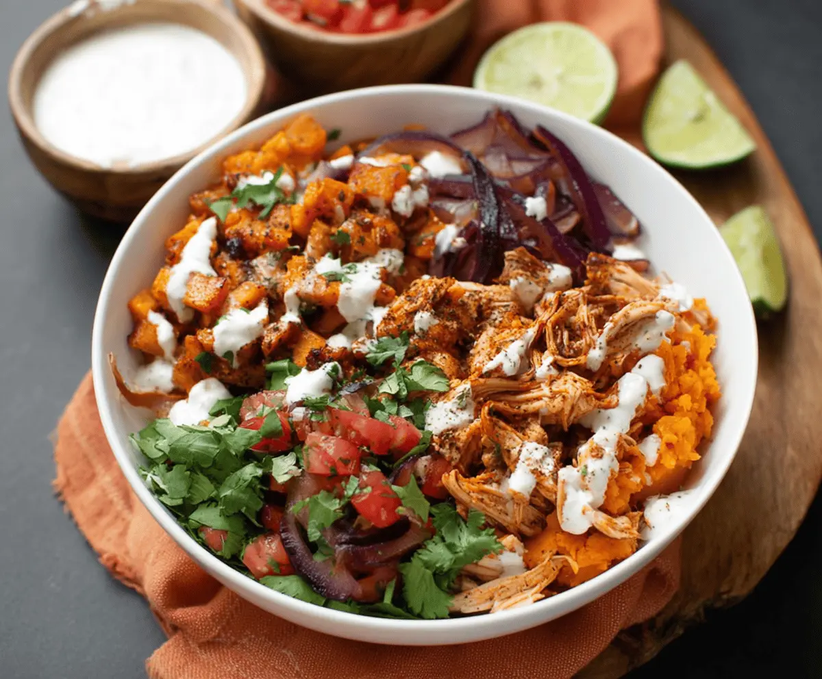 Healthy pulled chicken sweet potato bowls topped with fresh vegetables and herbs, served in a white bowl for a nutritious and delicious meal.