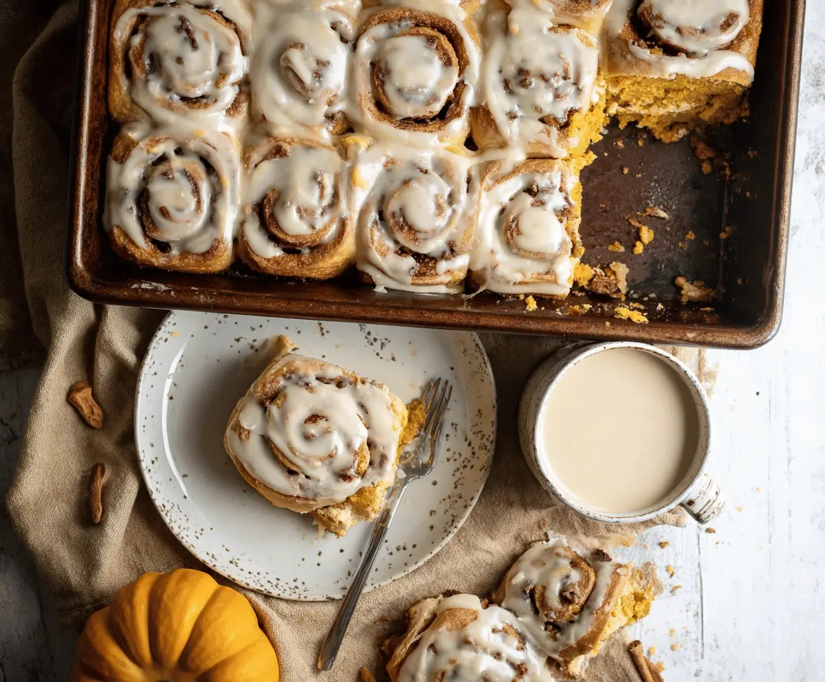 Delicious Pumpkin Cinnamon Rolls topped with Coffee Maple Frosting, served on a plate with a cup of coffee, perfect for fall breakfast or dessert