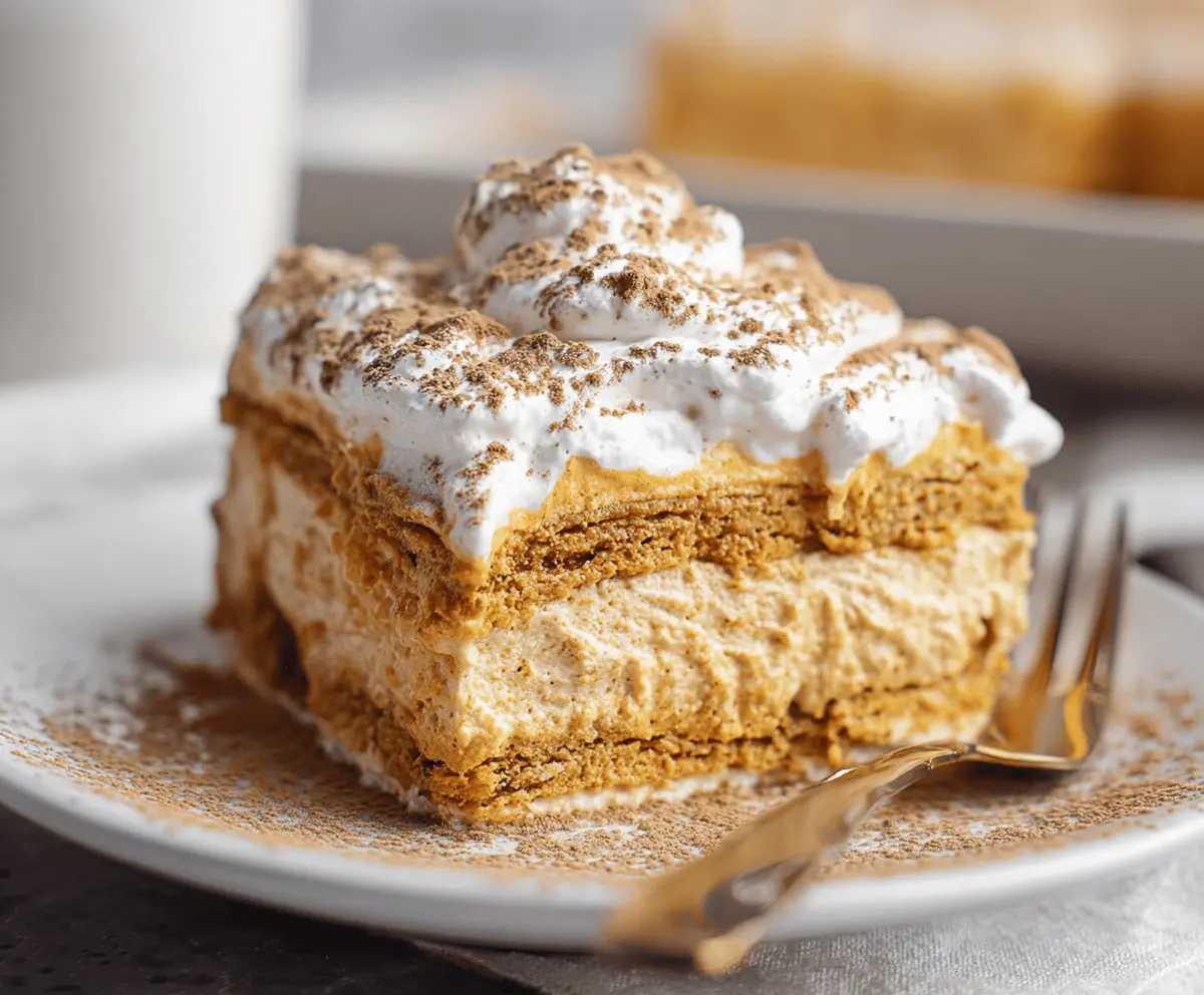 Delicious Pumpkin Icebox Cake layered with creamy pumpkin filling and graham cracker crust, perfect for fall desserts.