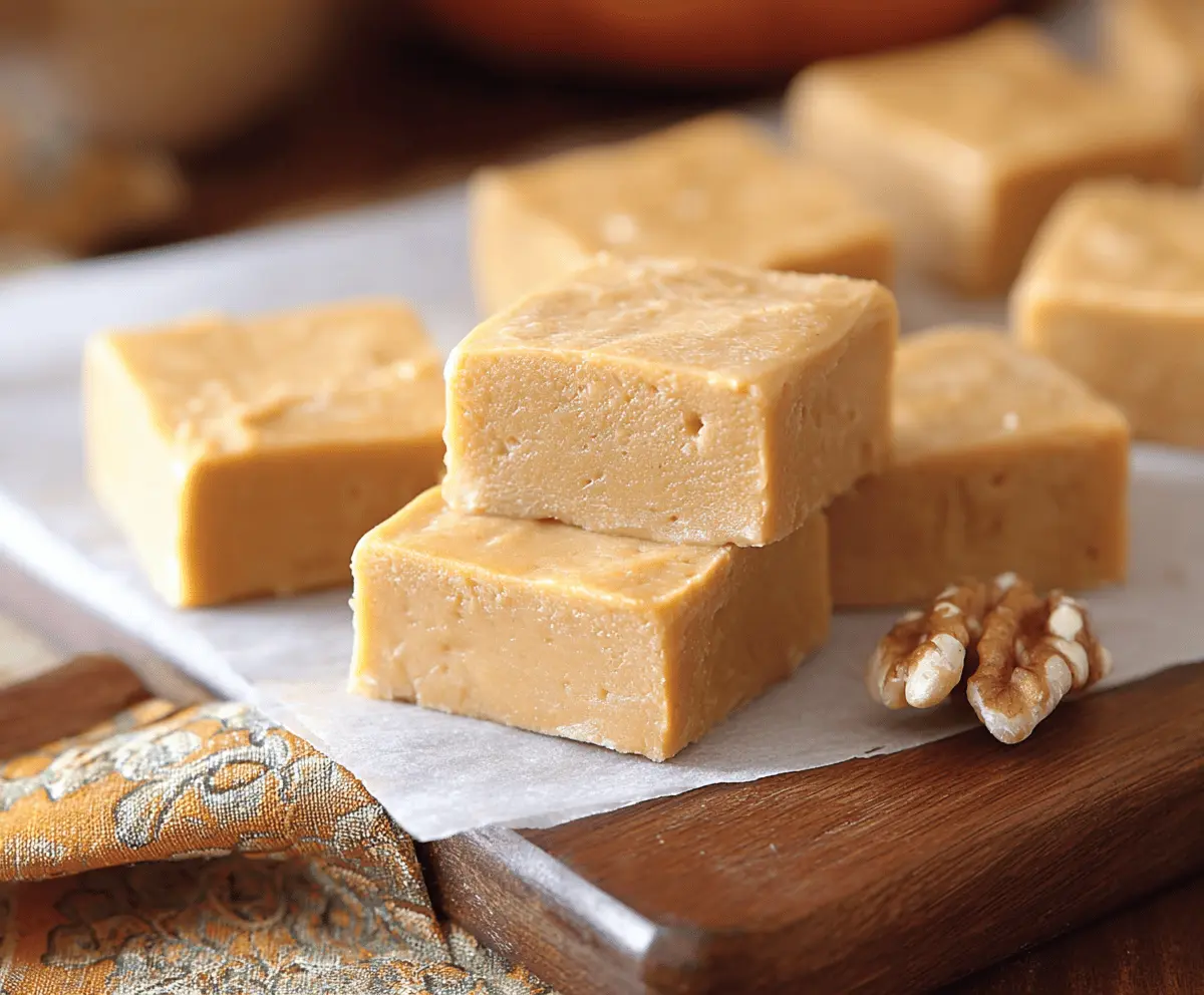 Creamy Pumpkin Pie Fudge with a festive orange hue and a sprinkle of cinnamon, perfect for fall desserts.