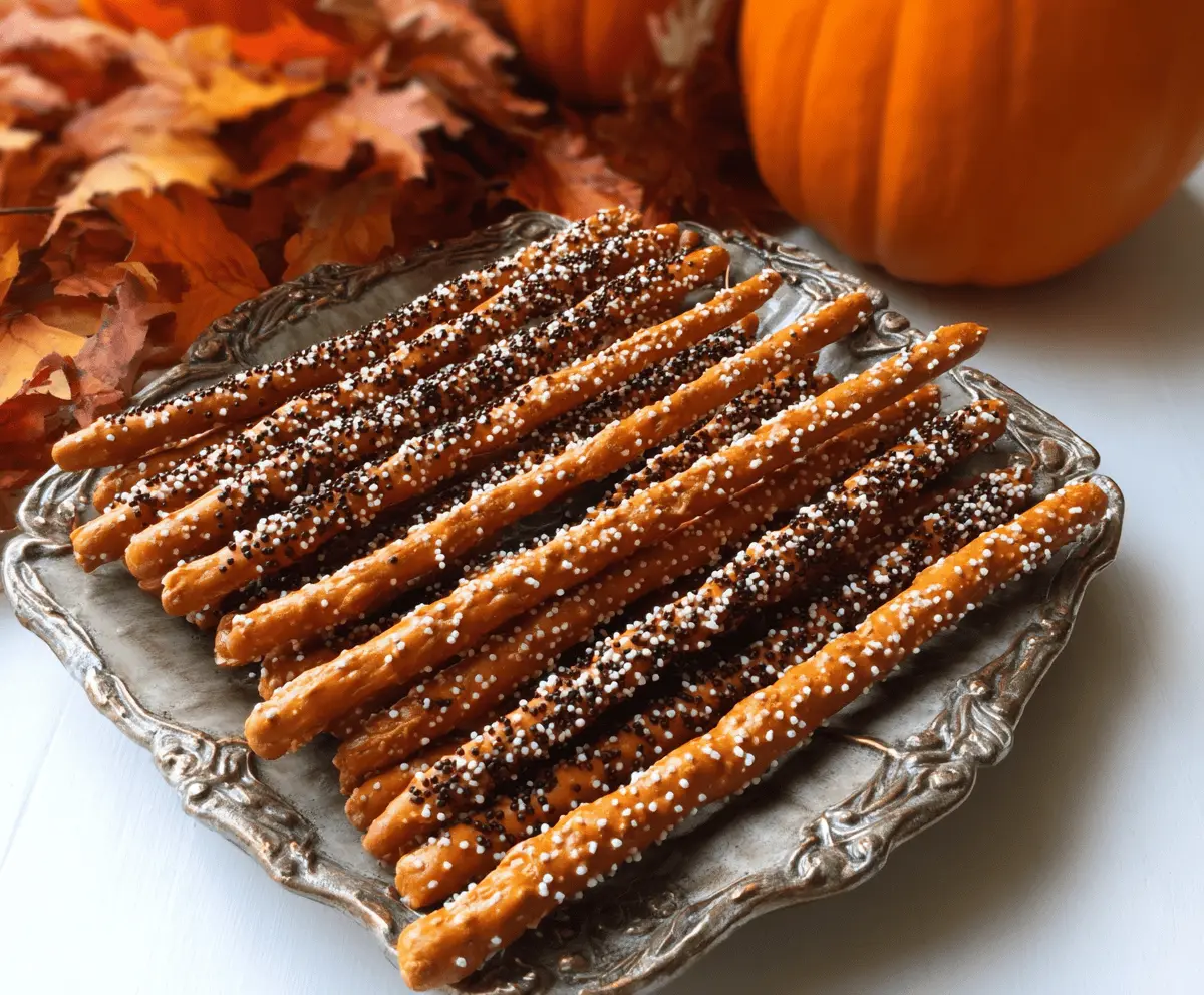 Delicious homemade pumpkin-shaped pretzel rods decorated with orange and green icing for a festive fall treat