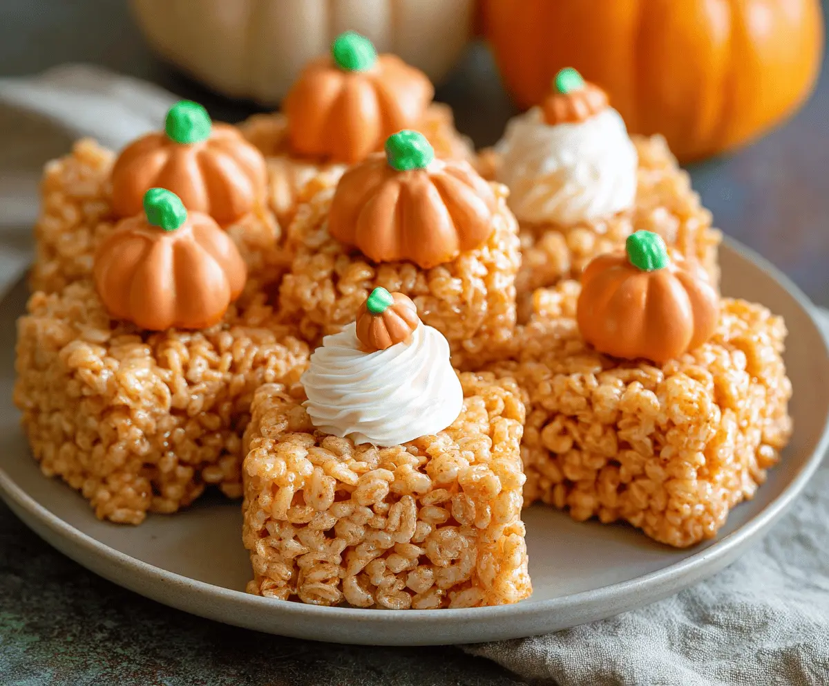 Creamy pumpkin-flavored Rice Krispie Treats topped with whipped cream and cinnamon, perfect for fall desserts.