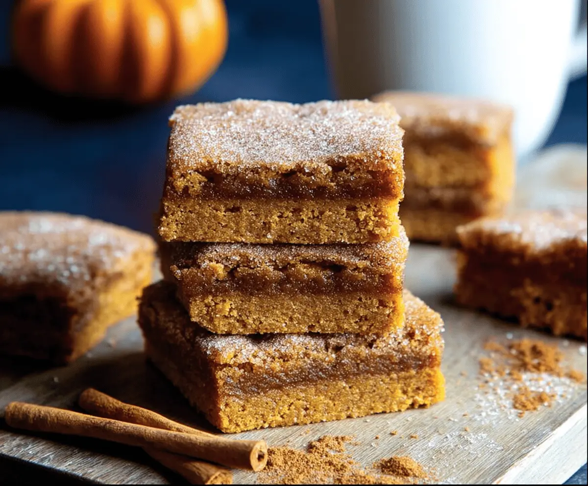 Delicious Pumpkin Snickerdoodle Bars with cinnamon sugar topping on a rustic wooden table, perfect for fall desserts.