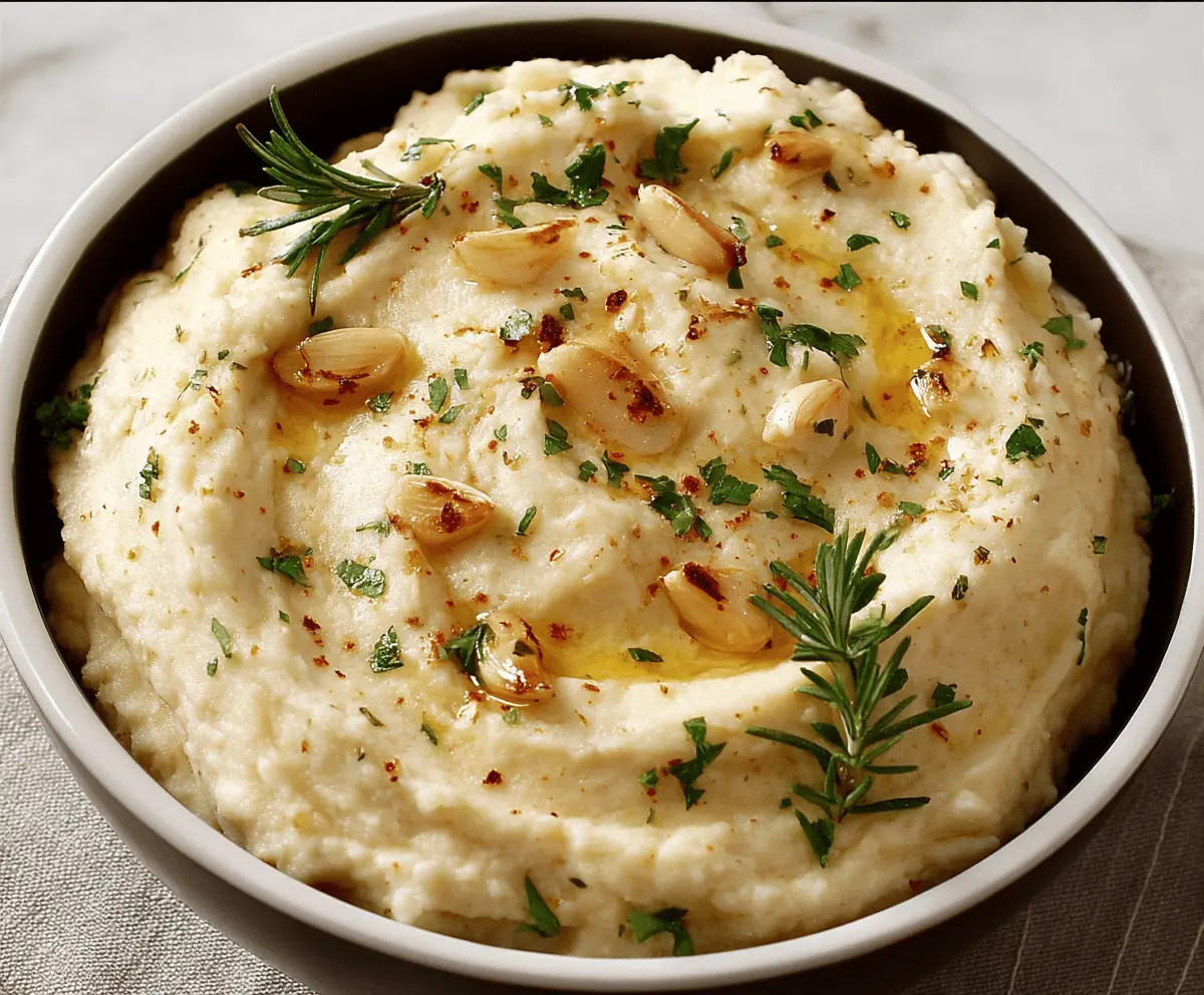Creamy roasted garlic mashed potatoes served in a rustic bowl with fresh herbs, perfect for a comforting side dish.