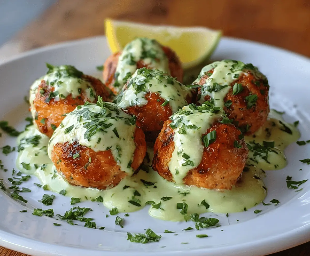 Delicious salmon balls served with creamy avocado sauce on a white plate