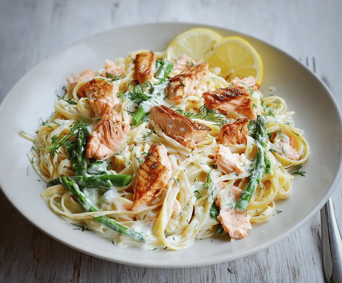 Delicious salmon pasta topped with lemon cream sauce and fresh herbs on a white plate