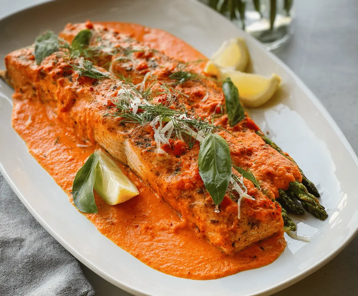 Delicious grilled salmon topped with vibrant roasted red pepper sauce on a white plate, served with fresh herbs and lemon wedges
