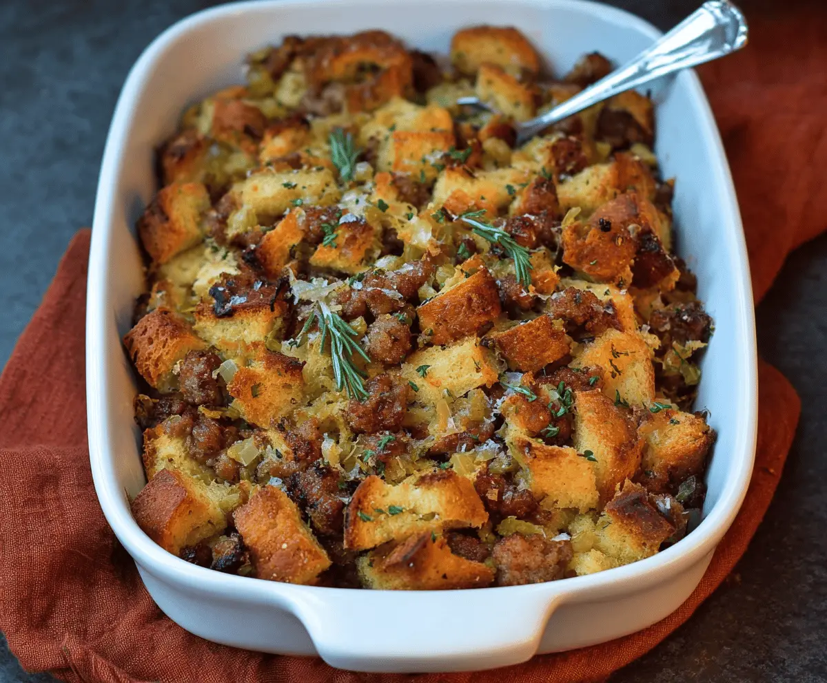 Delicious sausage and herb stuffing with golden-brown crust, perfect for holiday dinners and festive occasions.