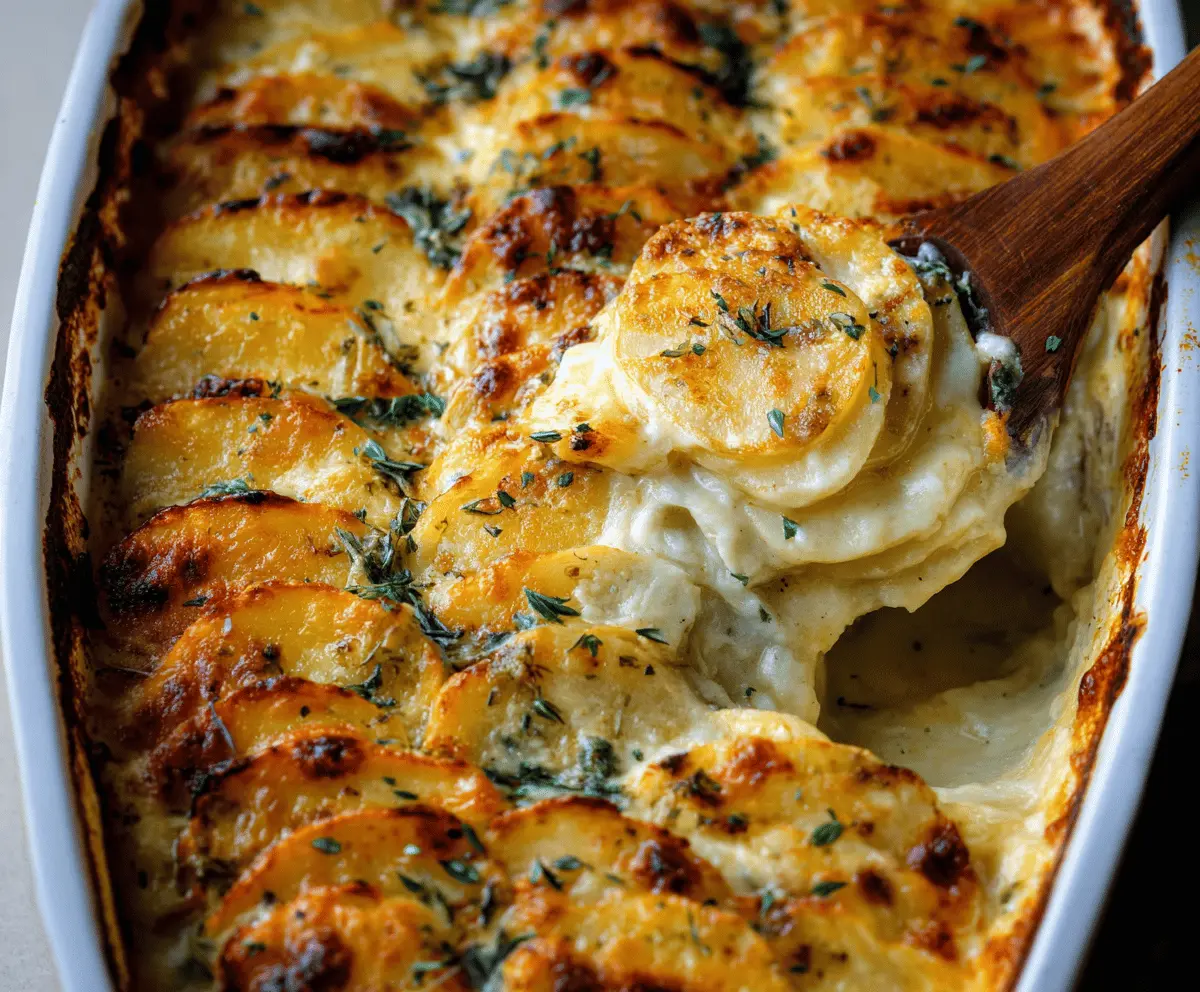 Creamy scalloped potatoes baked to perfection with golden, cheesy top, served in a rustic dish