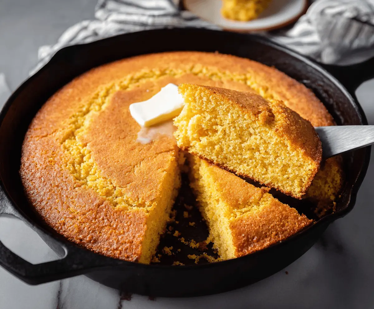 Golden, fluffy skillet cornbread fresh from the oven served in a cast iron skillet, perfect for comfort food lovers