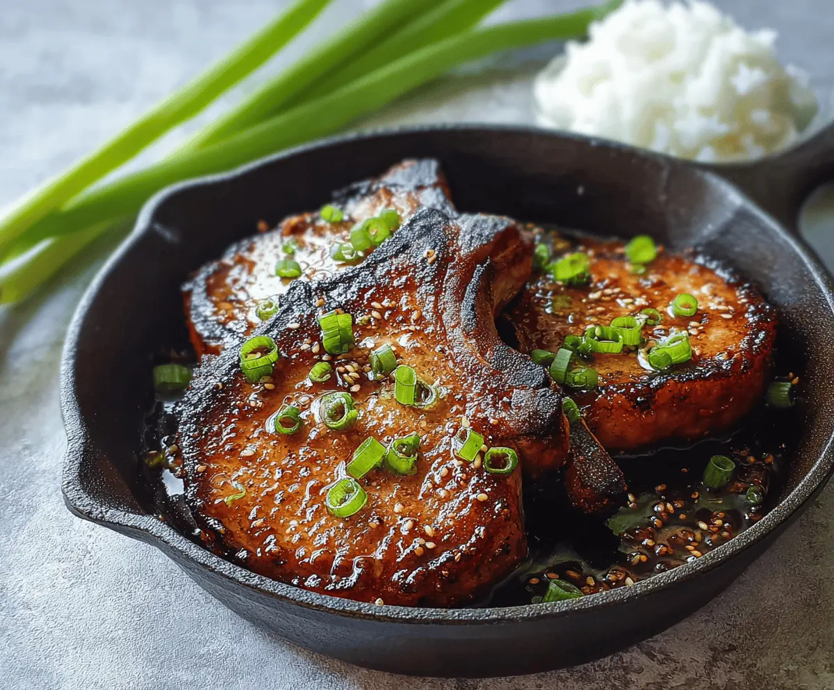 Juicy soy garlic pork chops plated with fresh herbs and vegetables for a delicious meal
