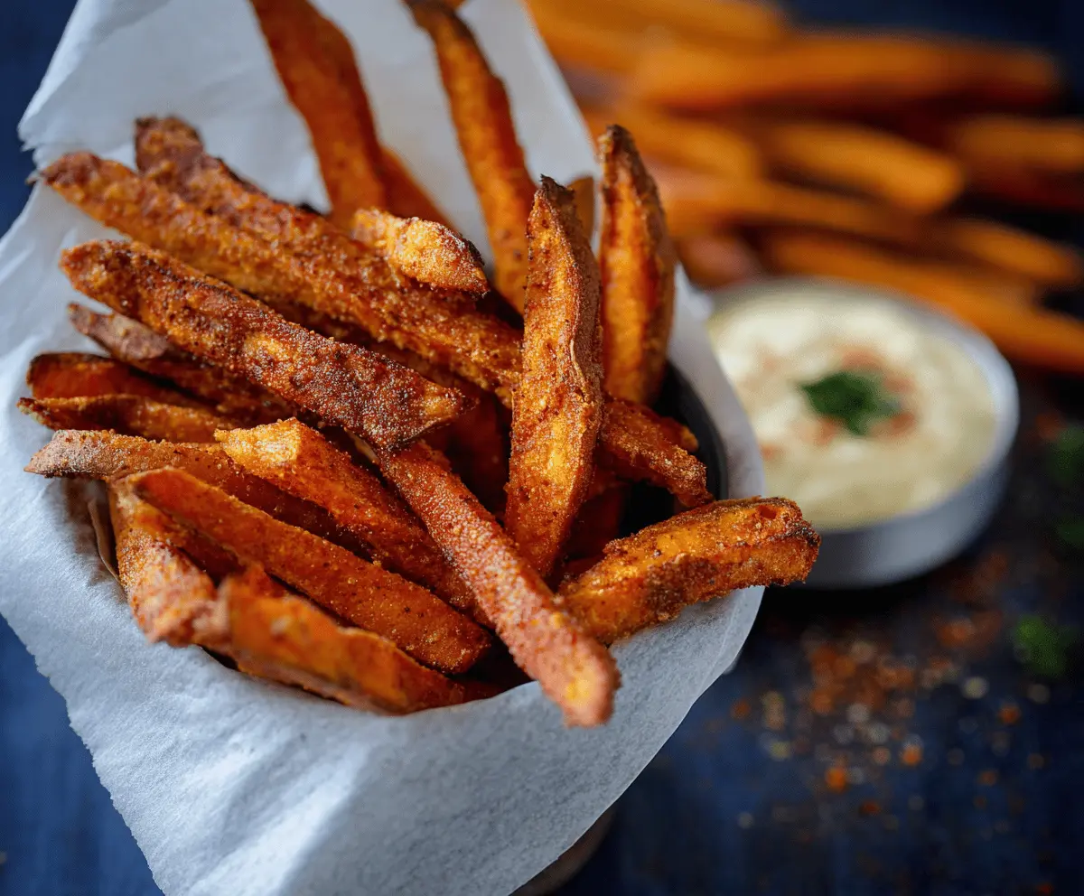 Delicious spicy garlic sweet potato fries with crispy edges and vibrant orange color, perfect for a flavorful snack or side dish