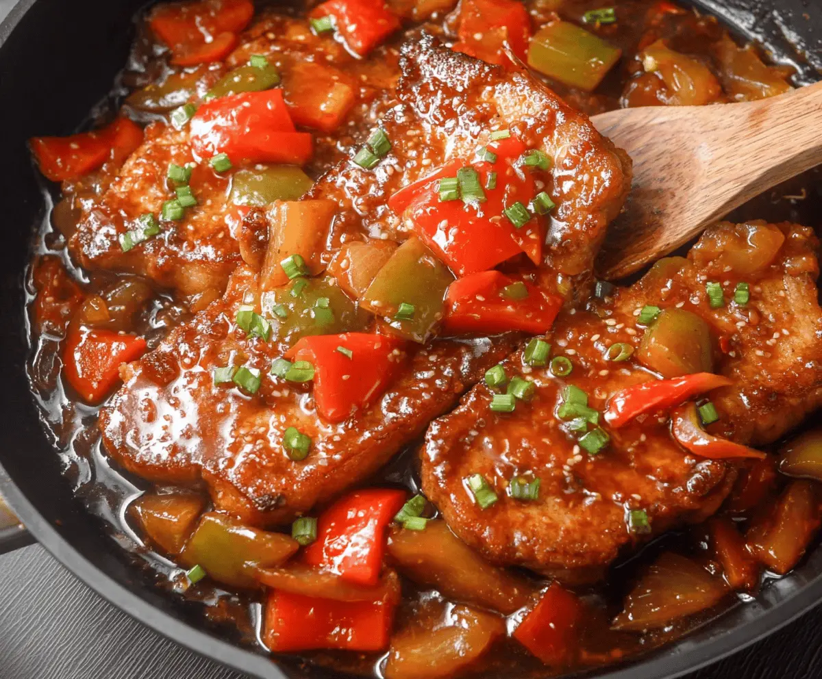 Delicious sweet and sour pork chops served with colorful vegetables on a plate, perfect for a flavorful and easy meal.