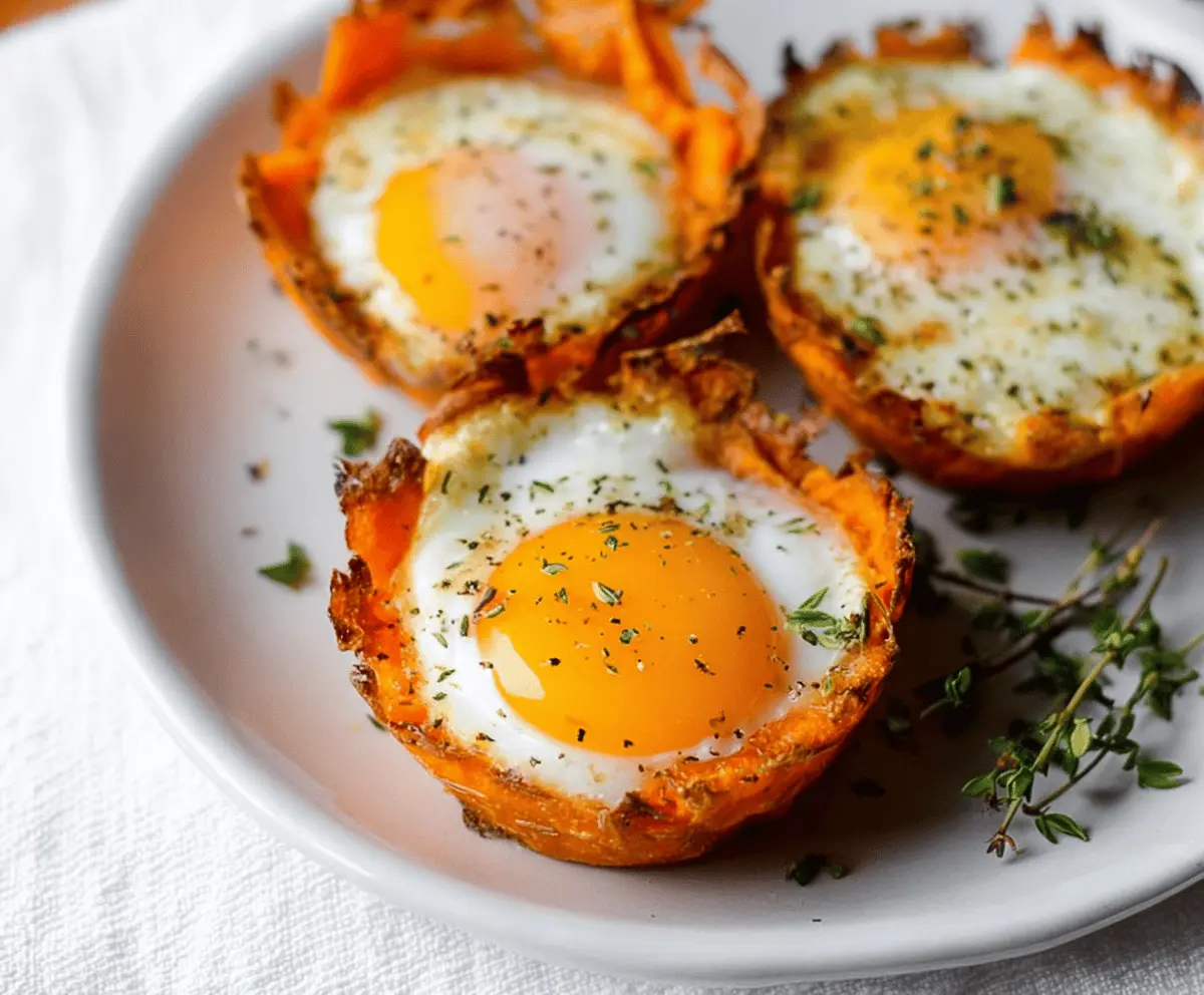 Delicious baked sweet potato egg cups garnished with herbs on a white plate, healthy breakfast idea