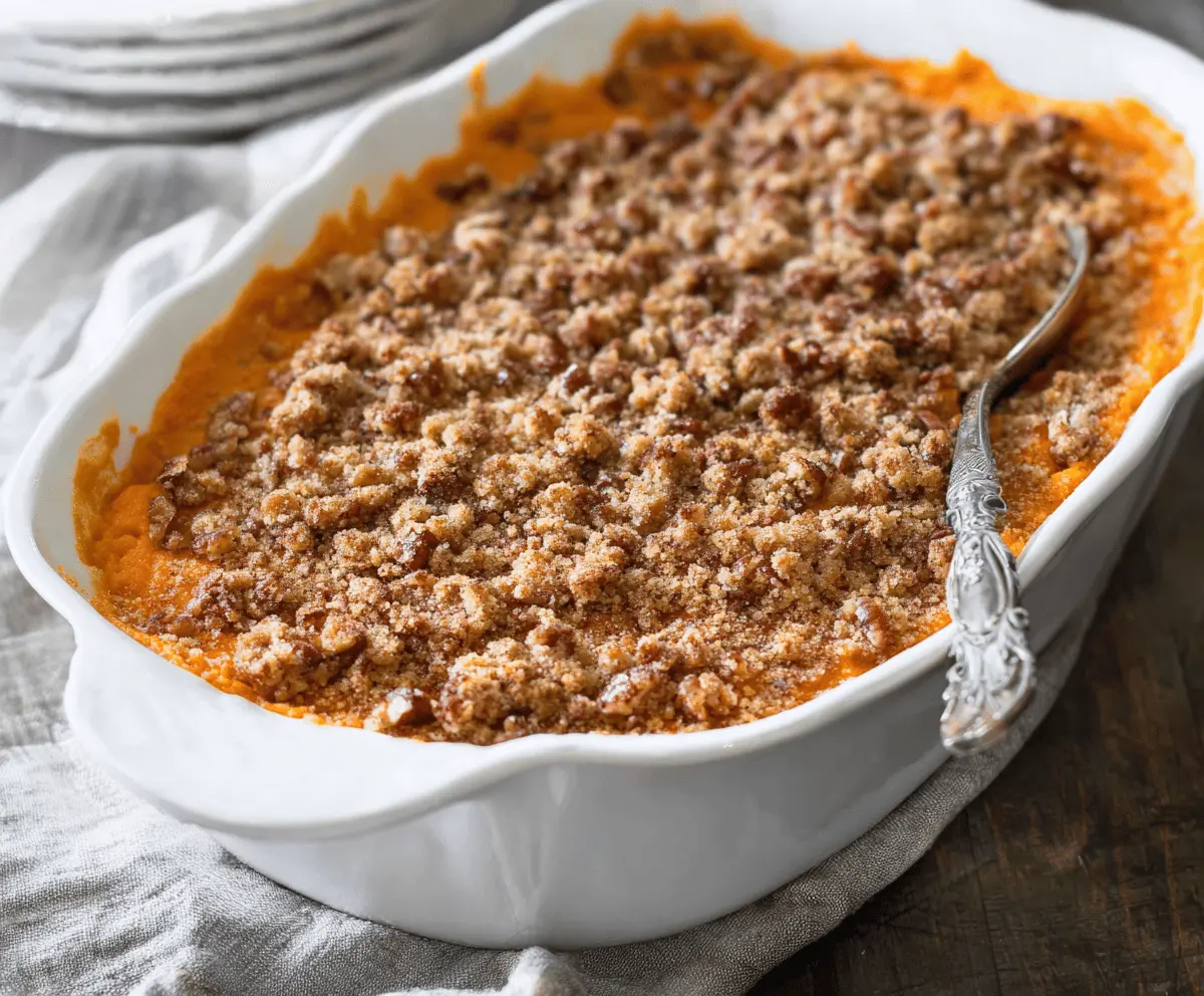 Sweet potato casserole topped with crunchy pecan streusel, served in a baking dish, perfect for holiday dinners and comforting side dishes.