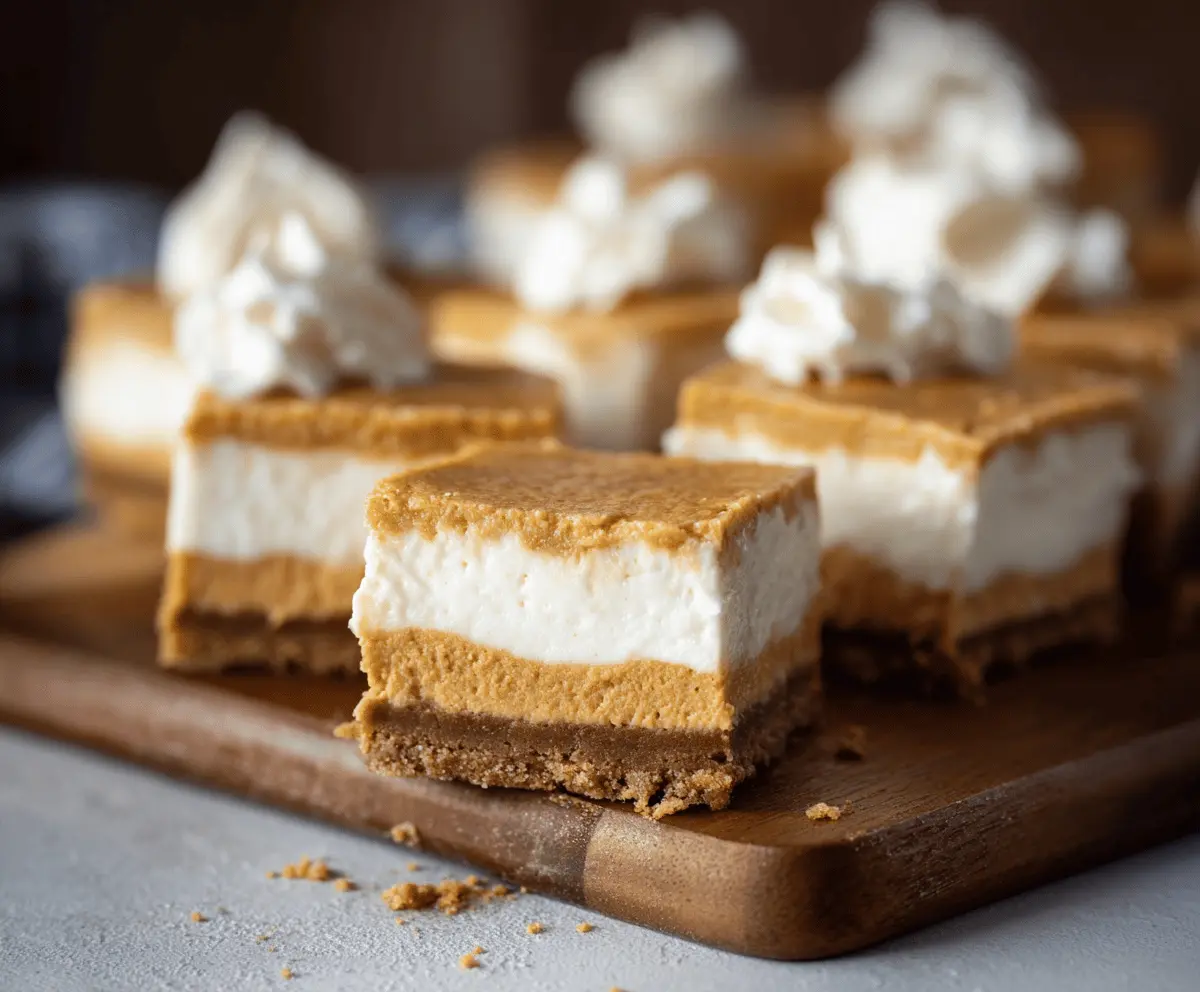 Delicious sweet potato cheesecake bars with creamy filling and graham cracker crust, garnished with cinnamon and pecans on a rustic plate