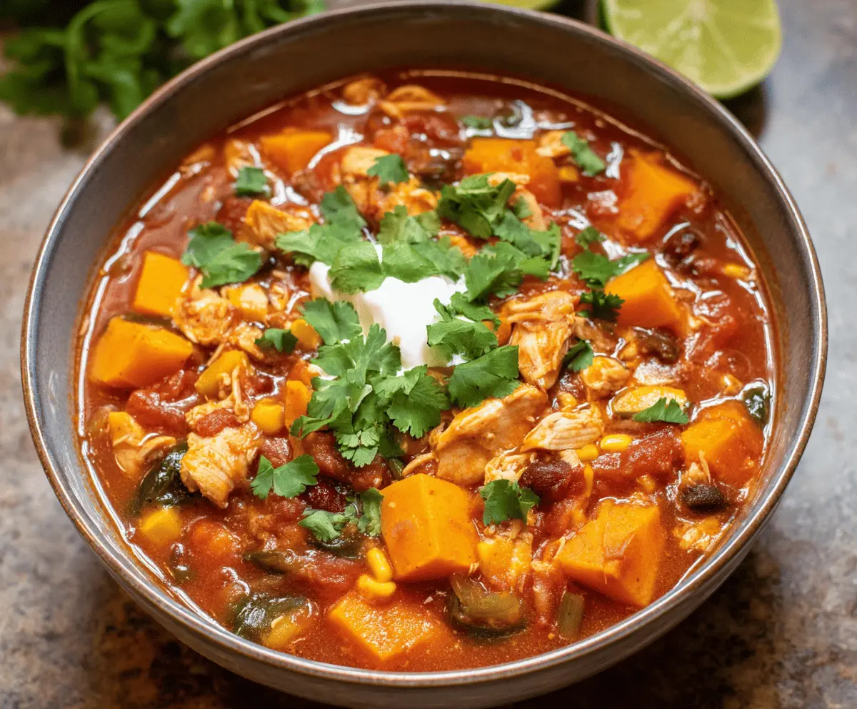 Hearty sweet potato chicken chili in a bowl, garnished with fresh herbs, perfect for a comforting meal.