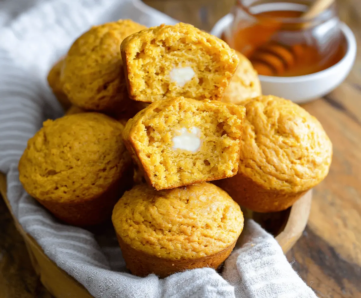 Delicious homemade sweet potato cornbread muffins served on a plate, featuring golden-brown tops and moist texture, perfect for a comforting meal.