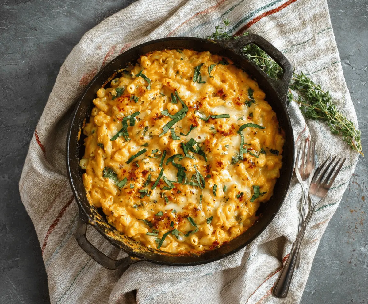 Creamy sweet potato mac and cheese served in a bowl, topped with melted cheese and fresh herbs.