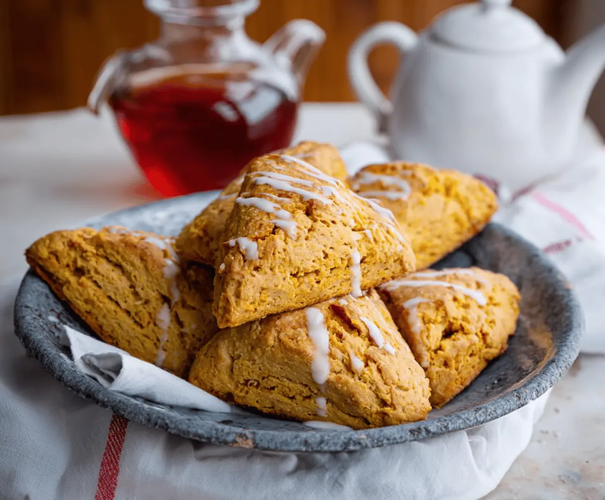 Delicious homemade sweet potato scones on a plate, garnished with fresh herbs and served with butter, perfect for breakfast or brunch.