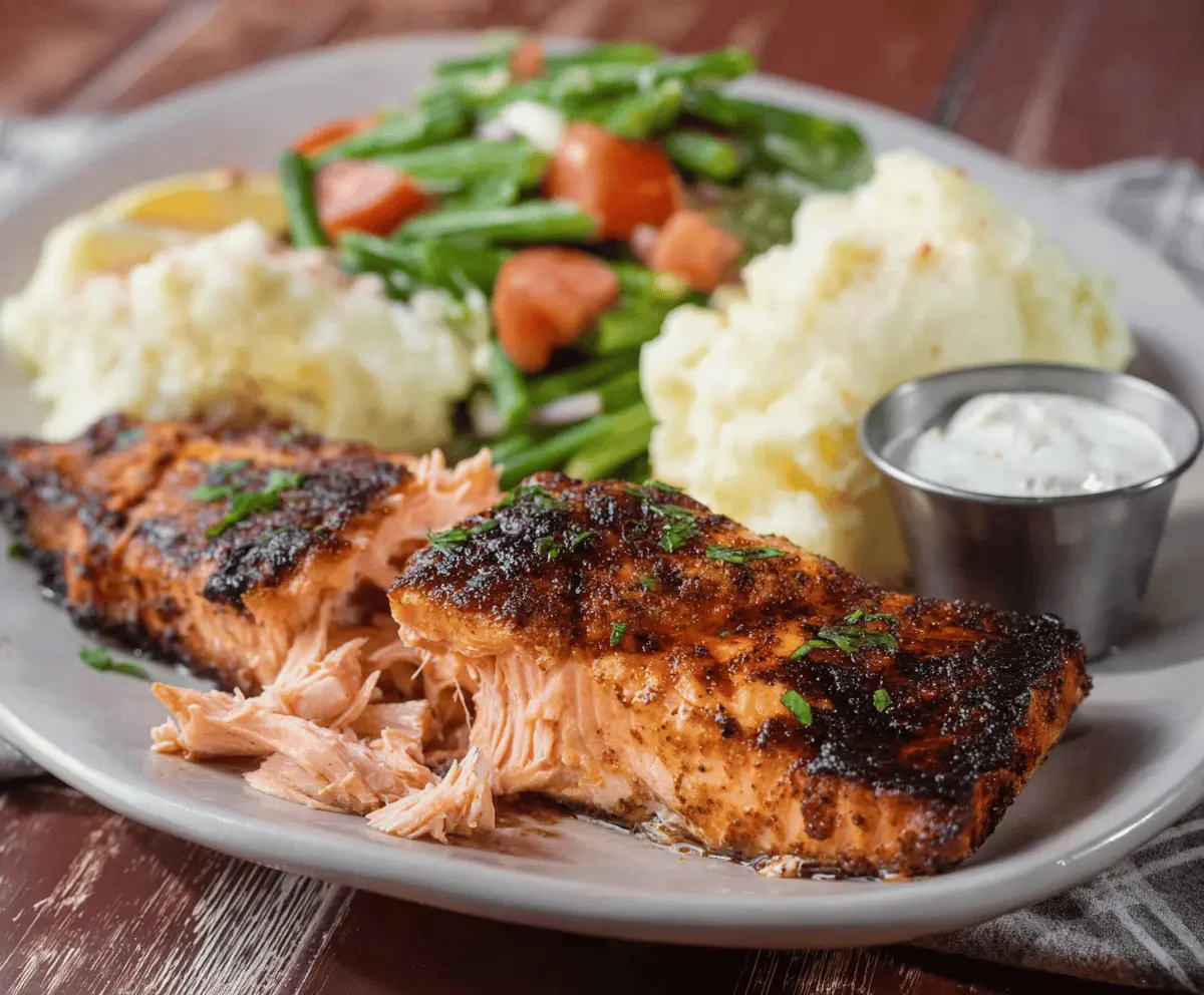 Delicious Texas Roadhouse Salmon served with fresh lemon and seasonal vegetables.