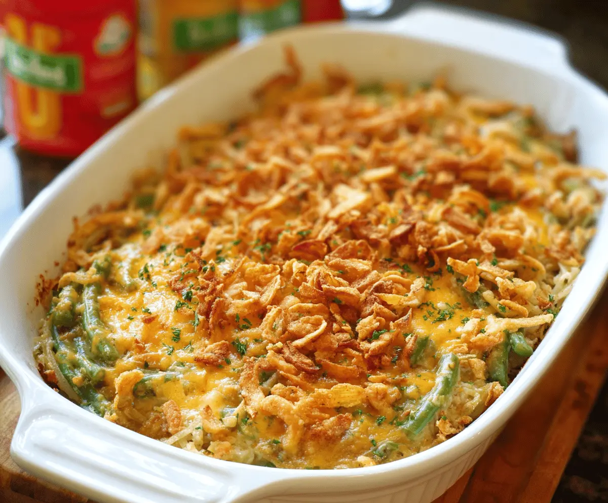 Delicious green bean casserole with potatoes, topped with crispy fried onions and fresh herbs, served in a baking dish perfect for family dinners and holiday gatherings.