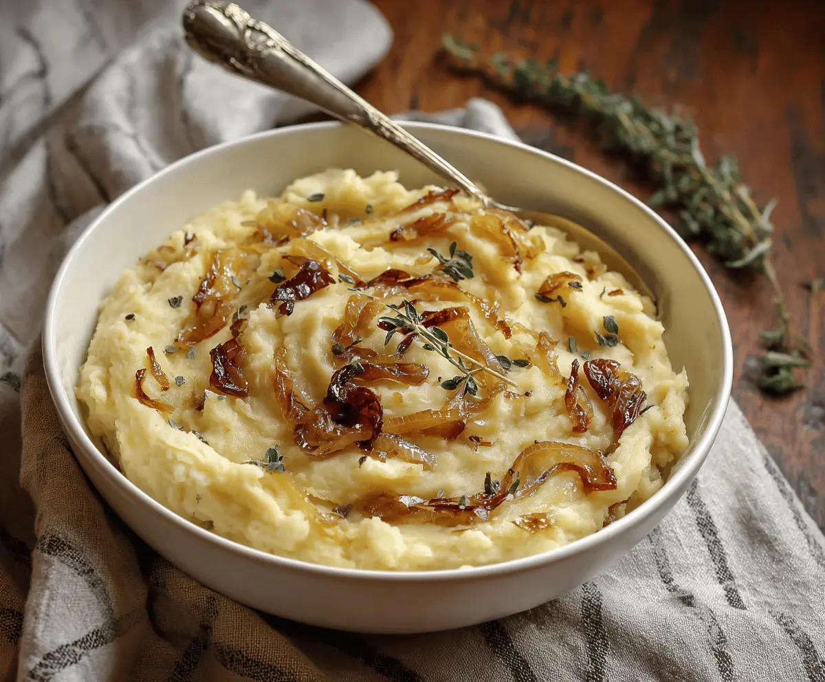 Creamy vegan mashed potatoes topped with sweet caramelized onions, ideal for a hearty plant-based meal.