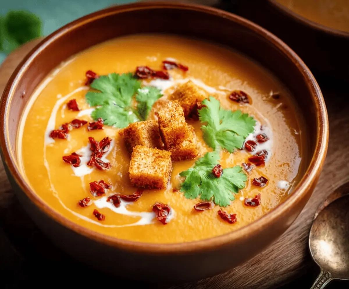 Creamy vegan sweet potato soup garnished with fresh herbs in a rustic bowl, perfect for a healthy, warming meal