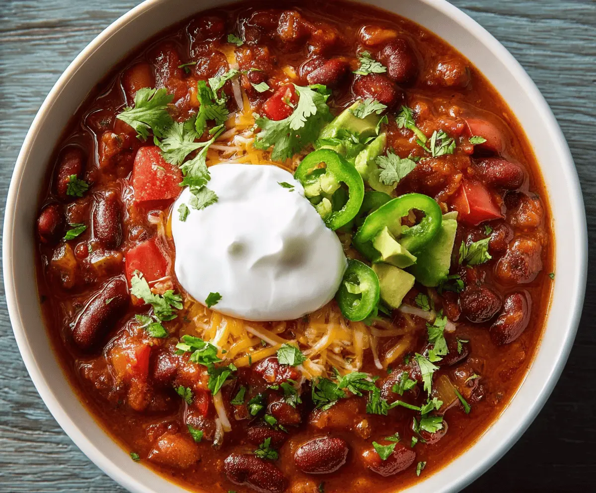 A colorful bowl of vegetarian chili filled with beans, vegetables, and spices, served with fresh cilantro and a side of cornbread.
