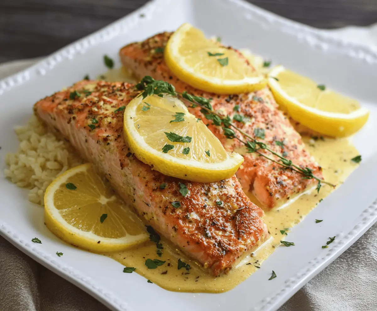 Delicious Zesty Lemon Dijon Salmon eying with fresh lemon slices, perfect for a flavorful seafood dinner.