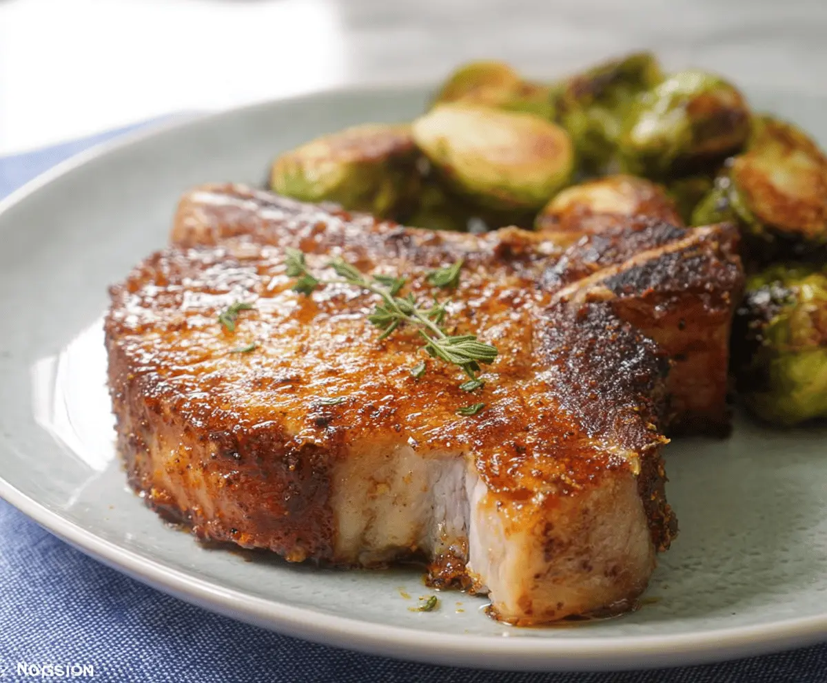 Juicy air fryer pork chops cooked to perfection with crispy edges on a plate.