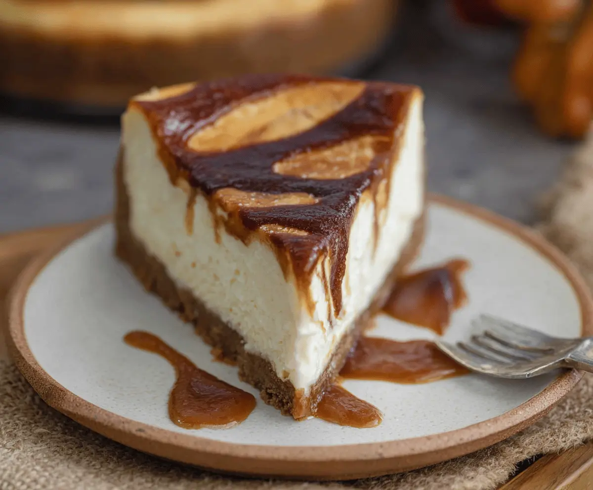 Delicious Apple Butter Cheesecake topped with fresh apple slices and a swirl of apple butter glaze.