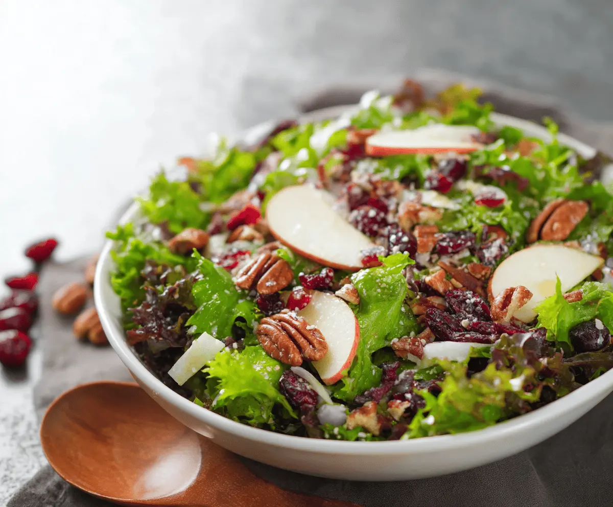 Fresh Apple Cranberry Pecan Salad with mixed greens and a citrus vinaigrette.
