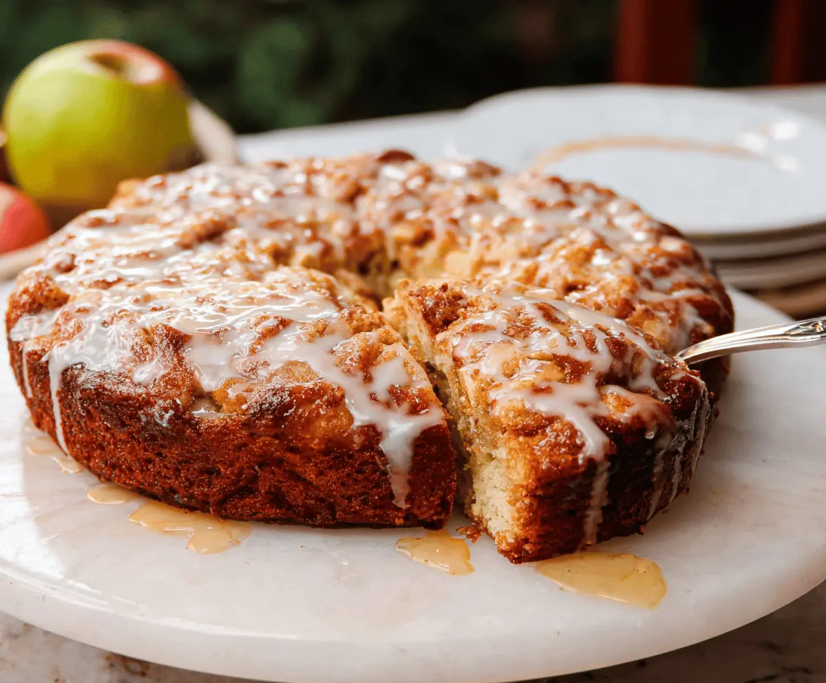 Delicious homemade apple fritter cake with caramelized apple slices and a golden crust.