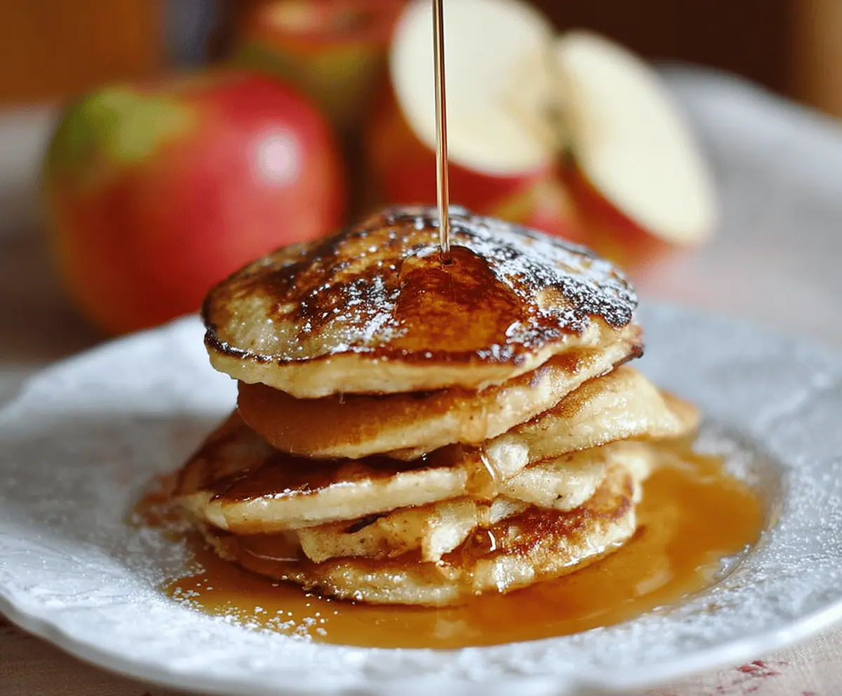 Delicious apple yogurt pancakes topped with fresh slices of apple and a drizzle of honey.
