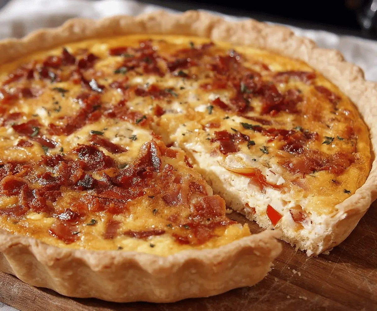Delicious bacon and cheese quiche served fresh for breakfast or brunch.