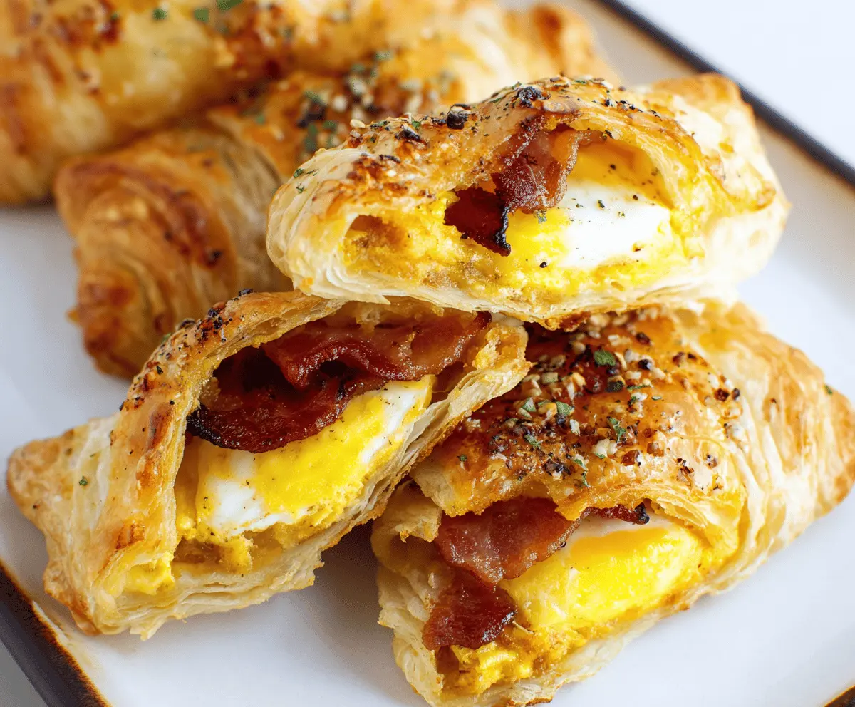 Delicious bacon, egg, and cheese puff pastry breakfast showing a golden flaky pastry filled with savory ingredients.