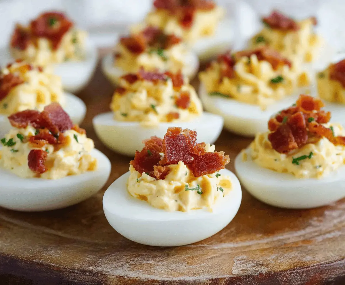 Delicious Bacon Ranch Deviled Eggs on a white plate, garnished with herbs for a flavorful appetizer.