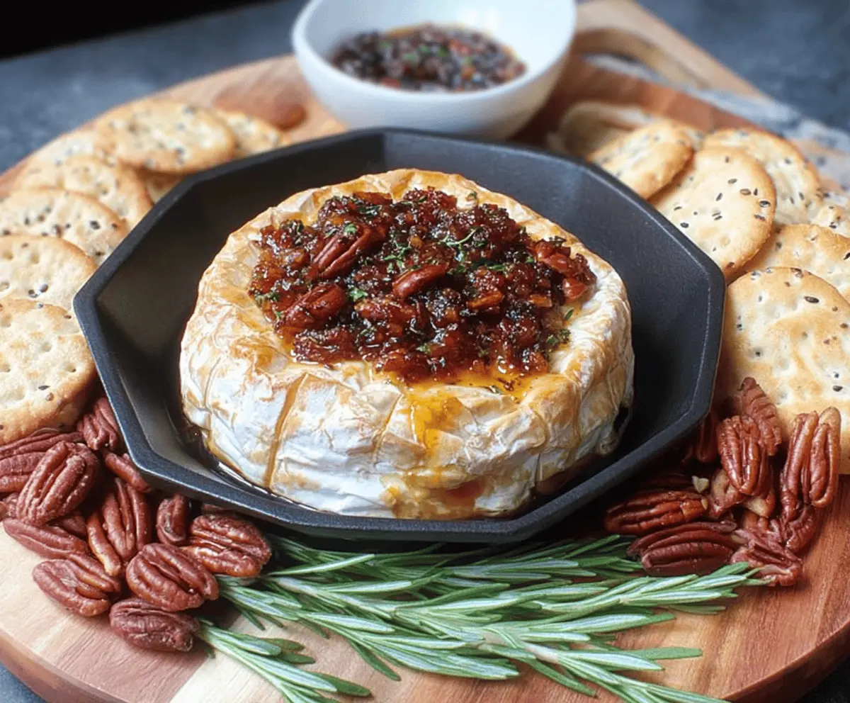 Delicious Baked Brie with Fig Jam and Pecans served on a rustic platter