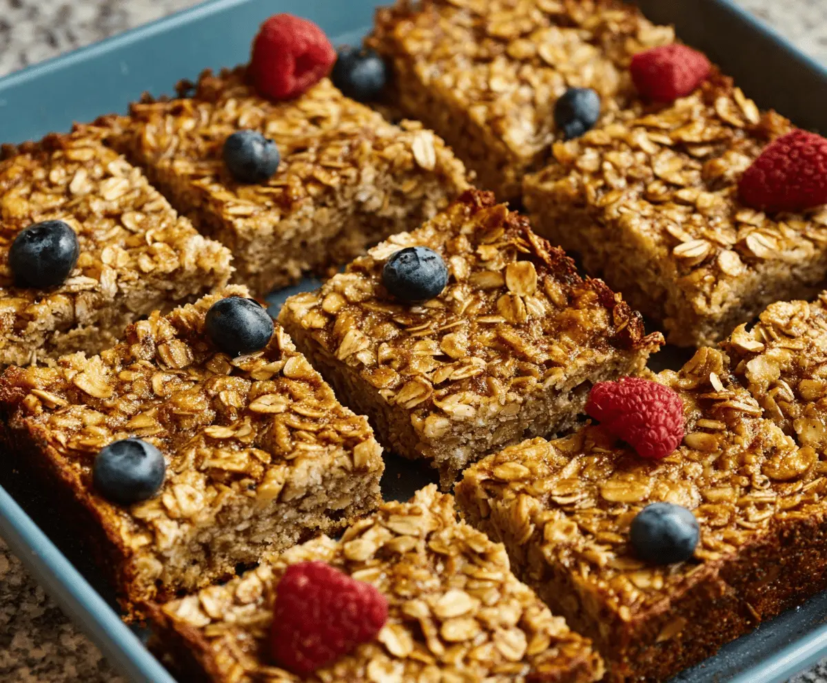 Delicious baked oatmeal bars with fresh berries and nuts, perfect for a healthy breakfast or snack.
