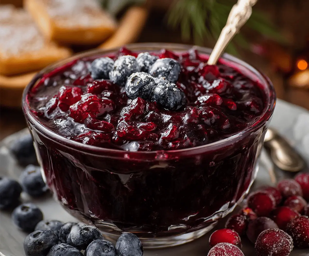 Delicious homemade Blueberry Cranberry Sauce with fresh blueberries and cranberries in a bowls.