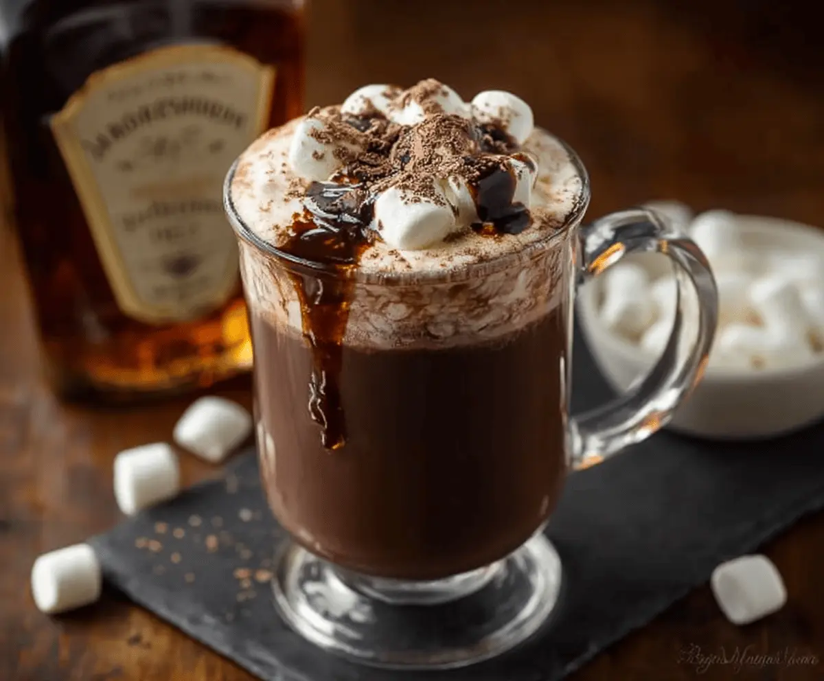 A cozy mug of Bourbon Spiked Hot Chocolate topped with whipped cream and chocolate shavings.
