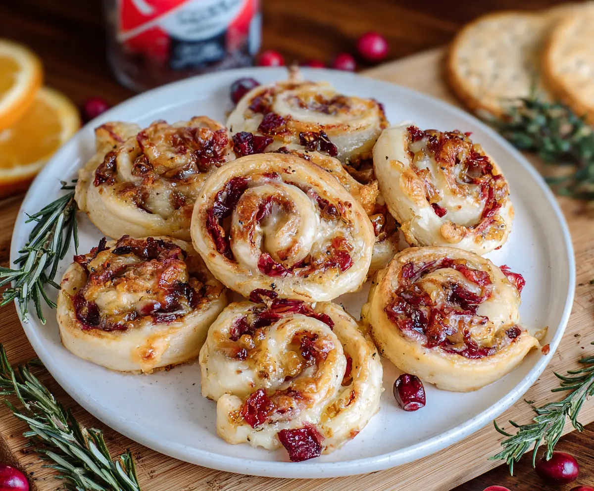 Delicious Brie and Cranberry Pinwheels on a platter, showcasing flaky pastry filled with creamy Brie cheese and sweet cranberry sauce.