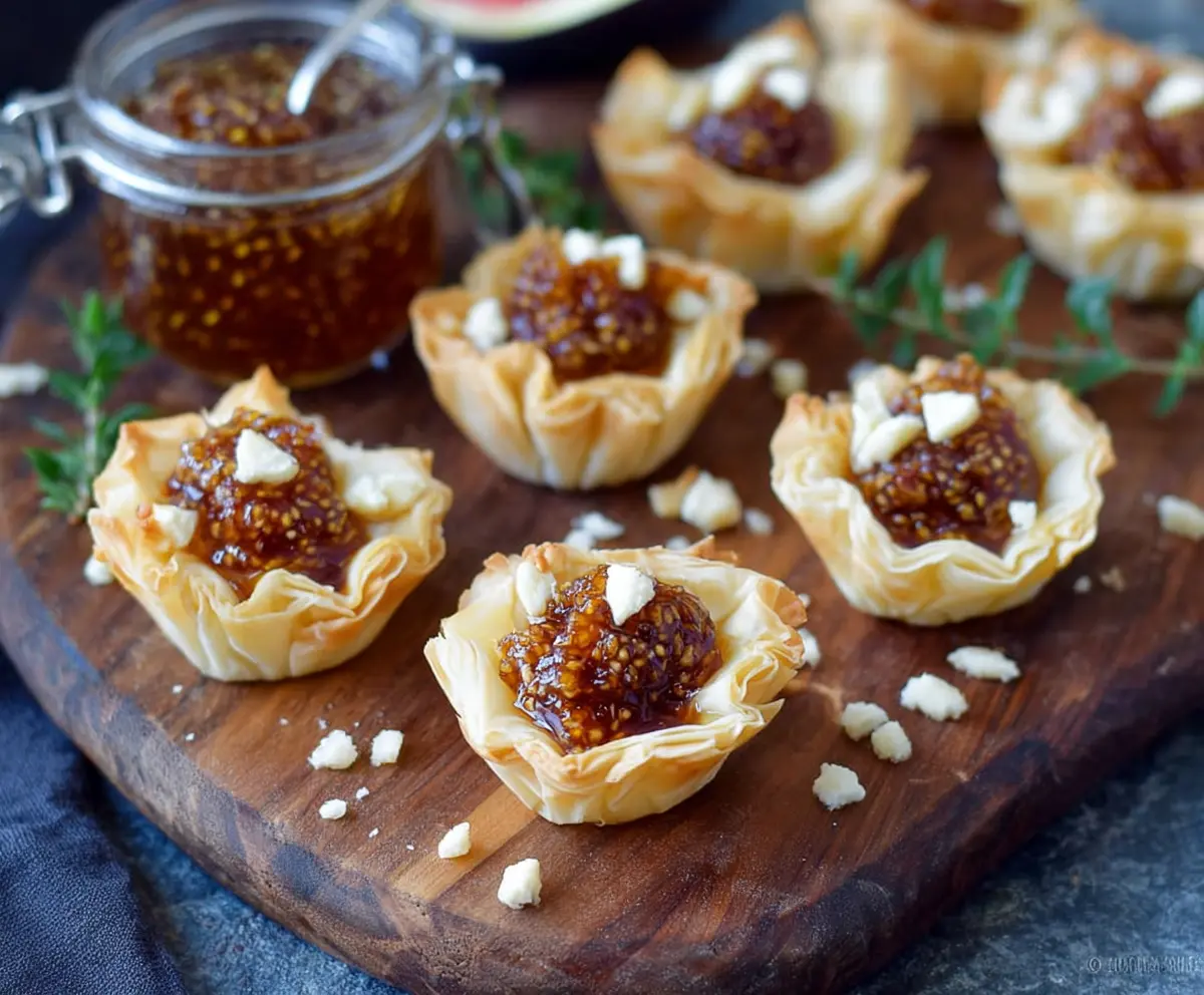Delicious Brie and fig filling in crispy phyllo cups, perfect for appetizers.