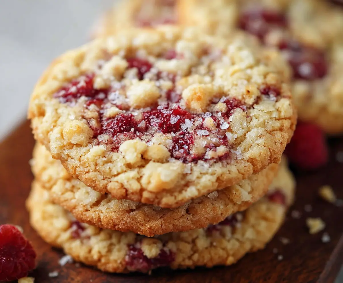 Delicious buttery raspberry crumble cookies with a golden crust and fresh raspberry filling.