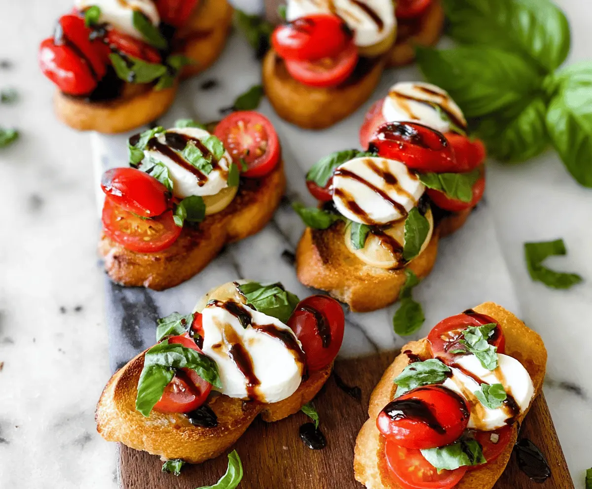 Delicious Caprese Crostini with fresh mozzarella, basil, and ripe tomatoes on toasted baguette slices.