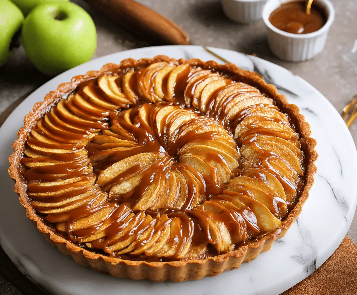 Delicious caramel apple tart with a golden crust and caramel drizzle on top.